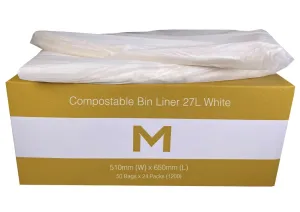 27L Waste Disposable Compostable Bin Liners, 510mm x 650mm x 20mu, White x 1350 Pieces