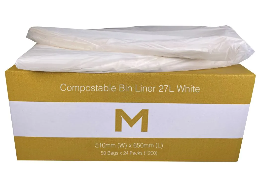 27L Waste Disposable Compostable Bin Liners, 510mm x 650mm x 20mu, White x 1350 Pieces