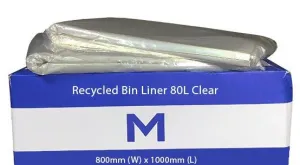 80L Clear Recycled Bin Liners x 250's pack (800mm x 1000mm x 40mu)