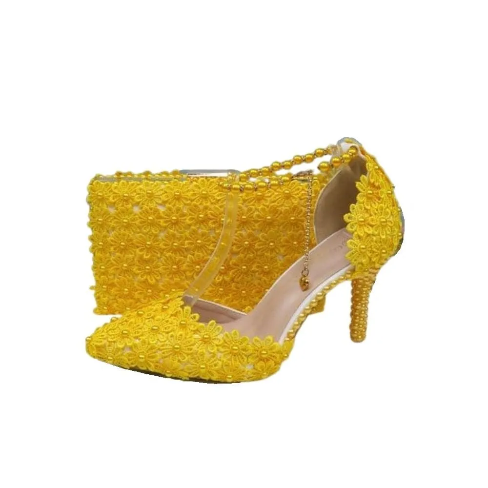 BAYA Women's Fashion Elegant Green Flower Lace Design Wedding Shoes with Matching Handbag