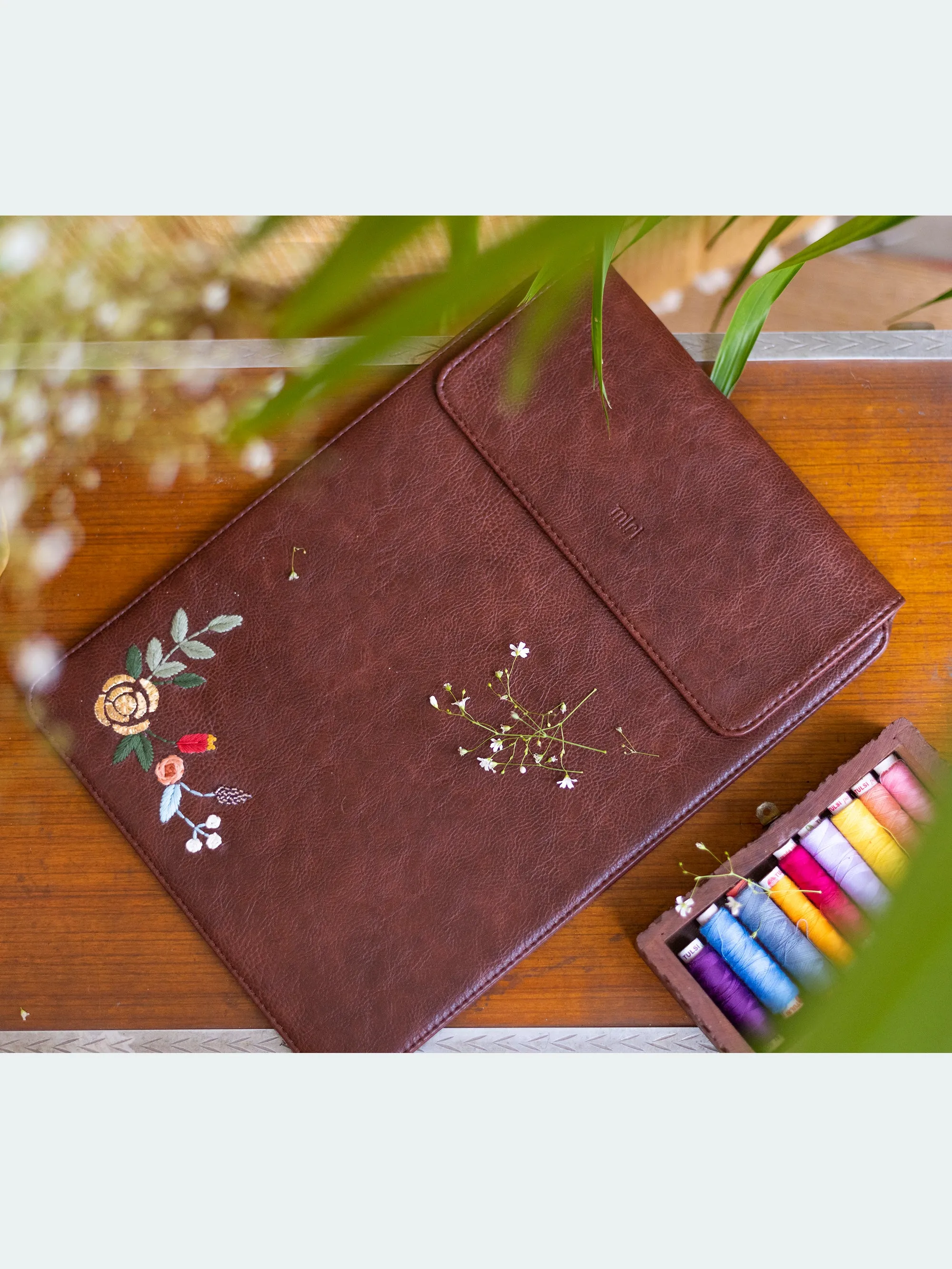 Brown Hand Embroidered Laptop Sleeve (13/14’’)