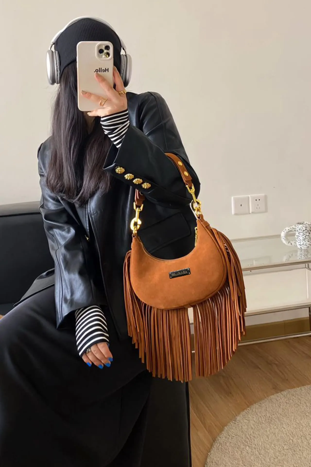 Brown Stylish Long Fringe Handbag