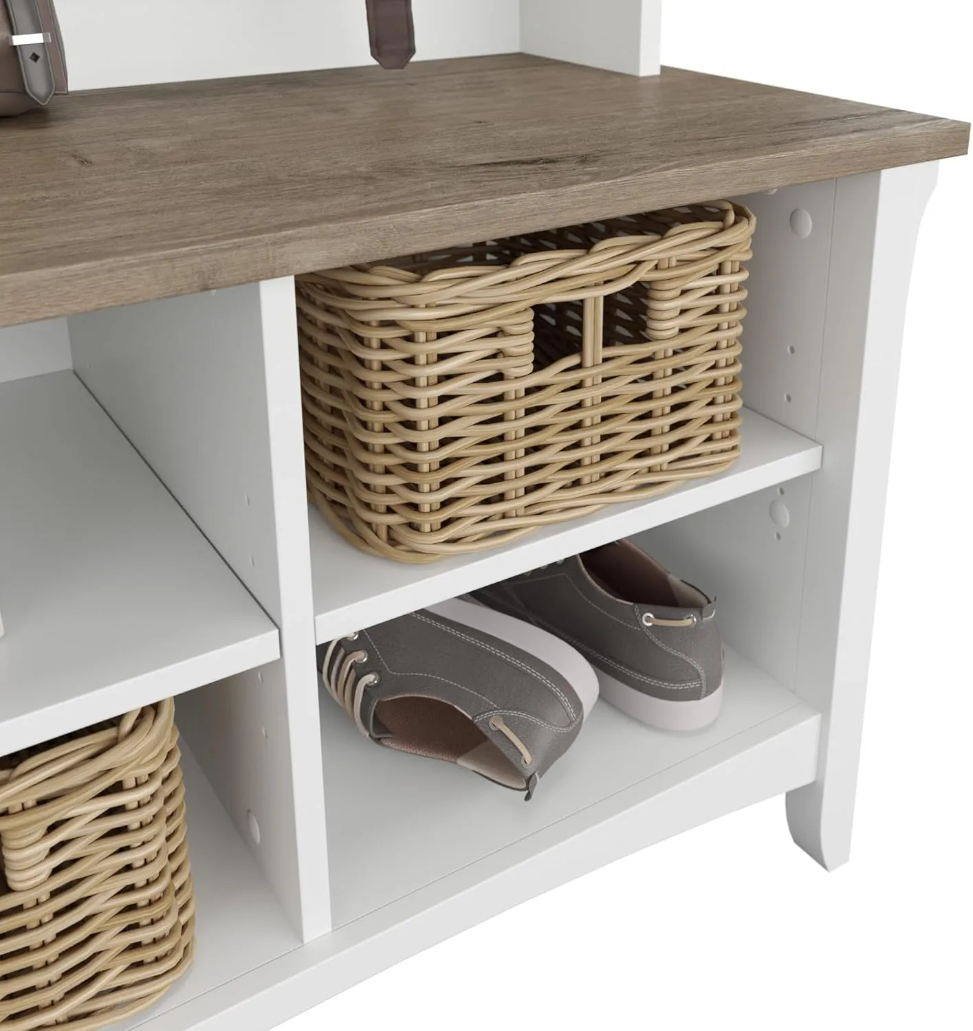 Bush Furniture Salinas Hall Tree with Shoe Storage Bench in Shiplap Gray and Pure White, Multi-Purpose Home Organizer, Entryway Solution with Seating and Hooks