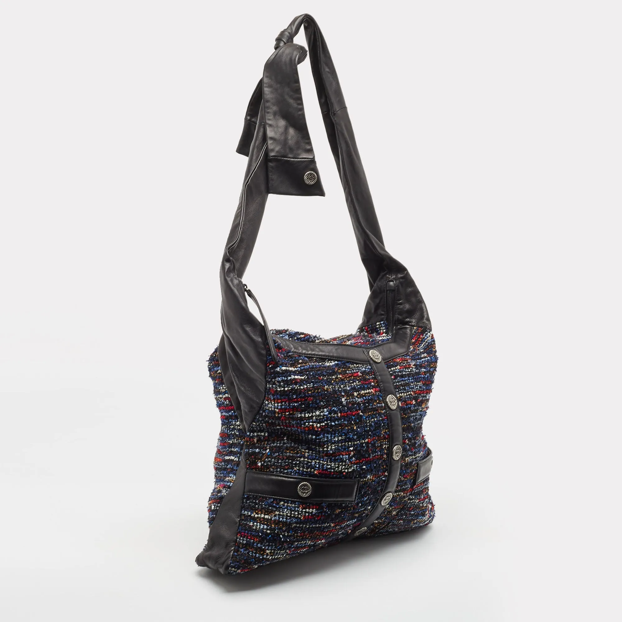 CHANEL Multicolor Tweed Fringe and Leather Large Girl Bag