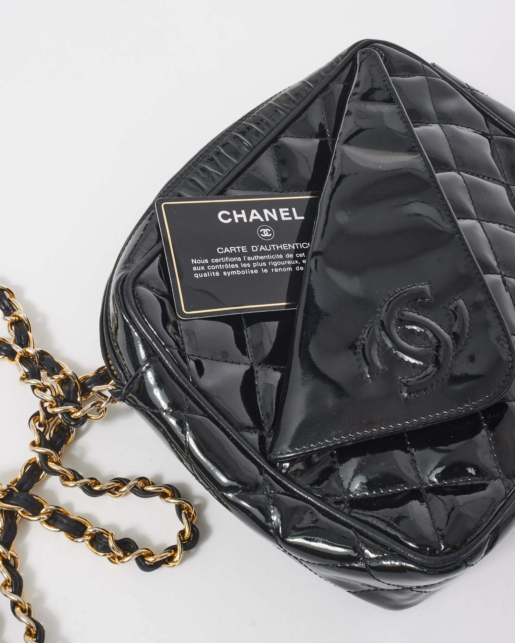 Chanel Vintage Black Patent Leather Quilted Camera Bag