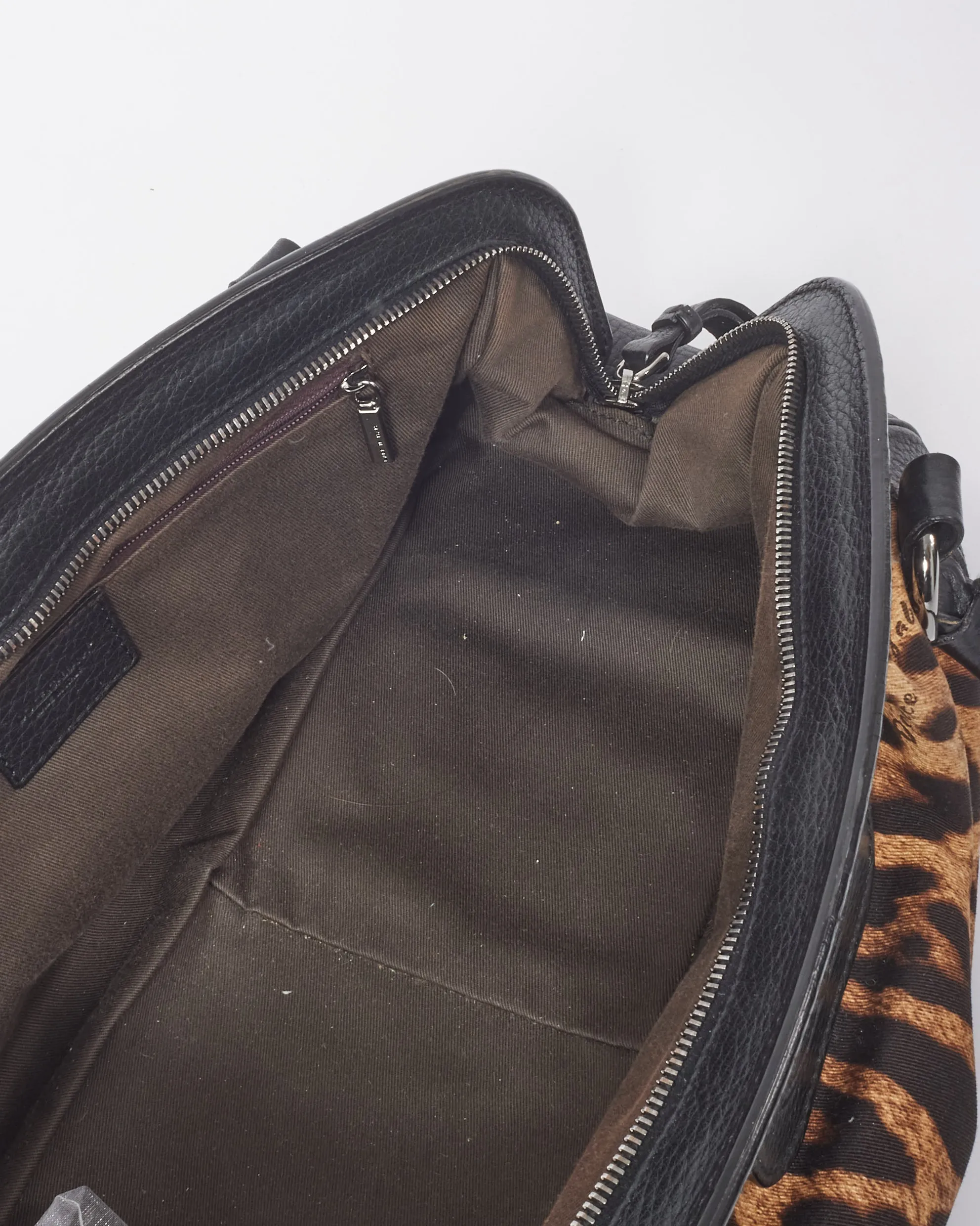 Dolce & Gabbana Black Leather Trim Leopard Print Medium Satchel