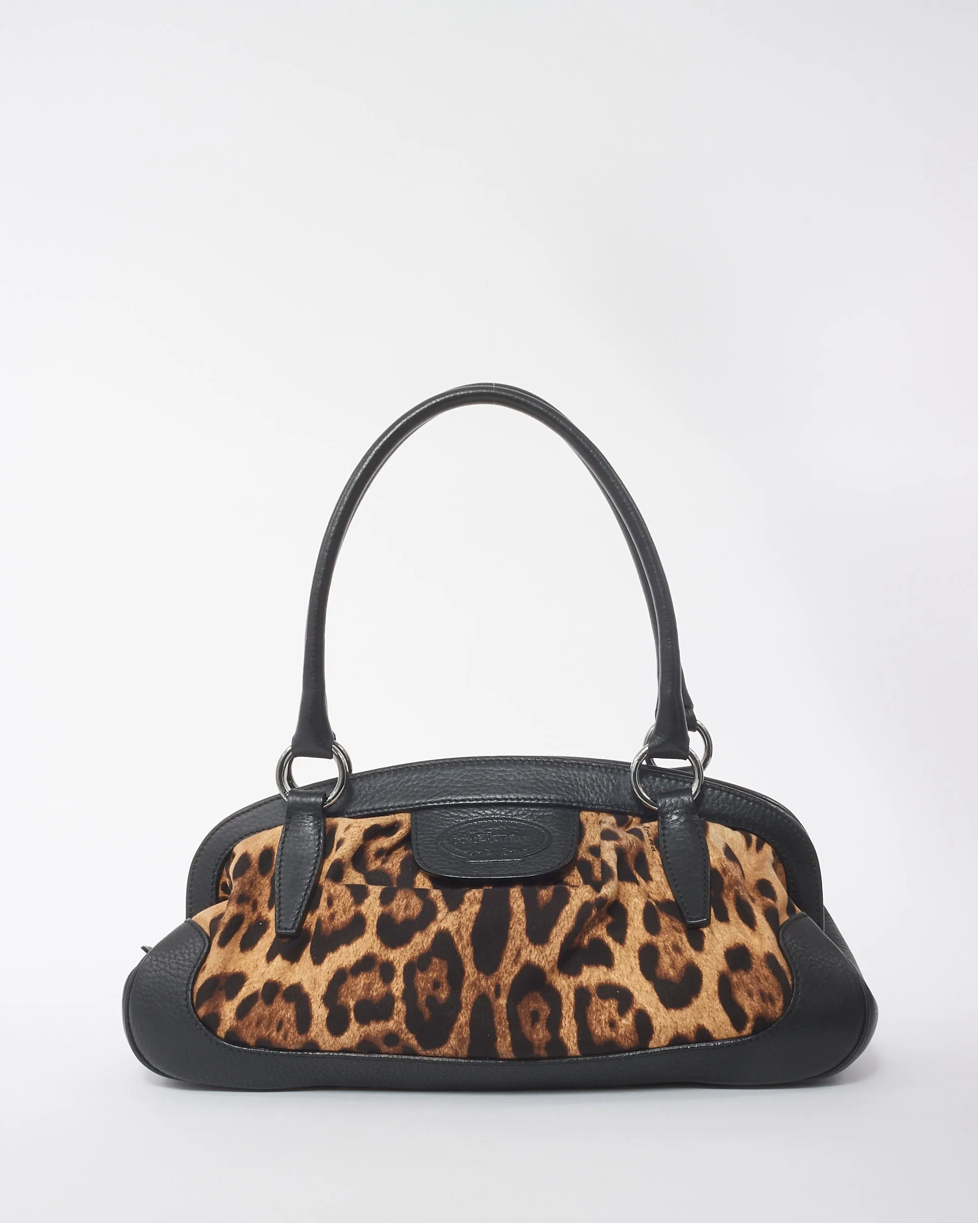 Dolce & Gabbana Black Leather Trim Leopard Print Medium Satchel