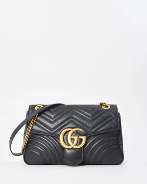 Gucci Black Chevron Leather GG Marmont Medium Shoulder Bag
