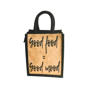 Printed Jute Lunch Bag Good Food - Black Gusset Regular