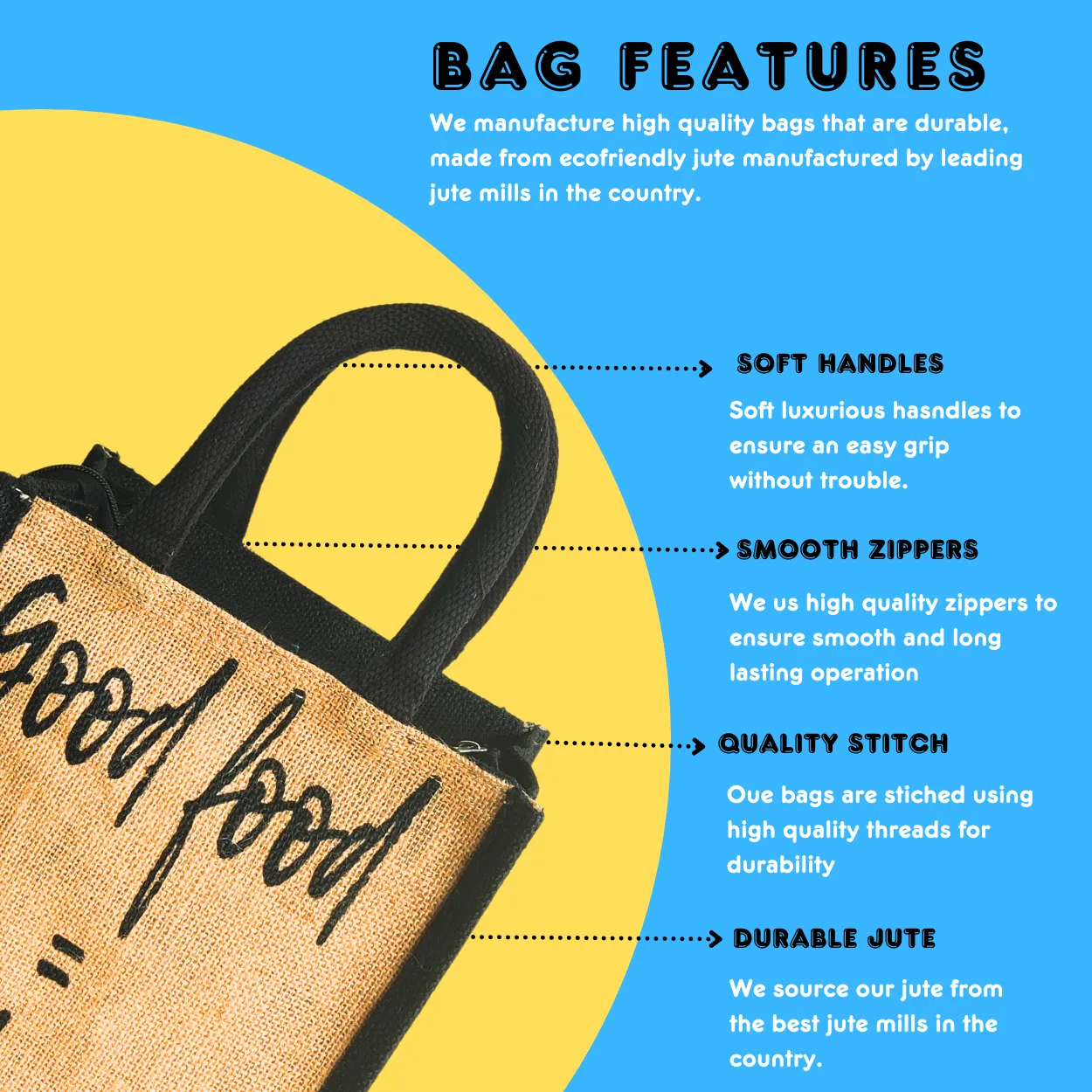 Printed Jute Lunch Bag Good Food - Black Gusset Regular