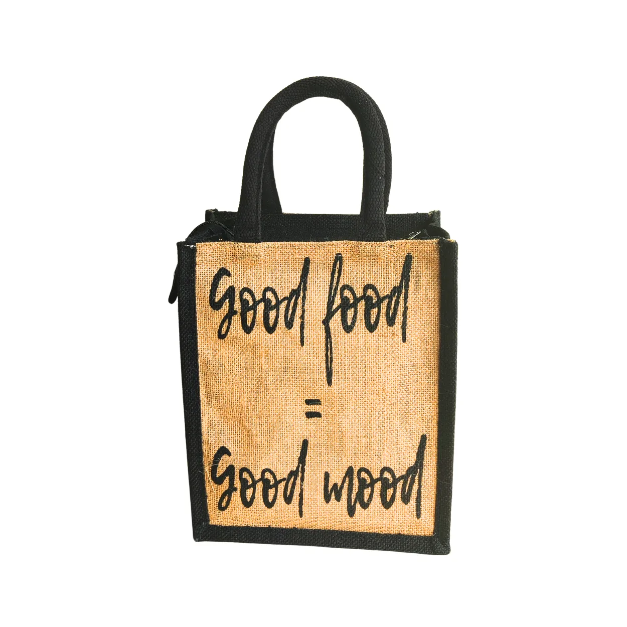 Printed Jute Lunch Bag Good Food - Black Gusset Regular