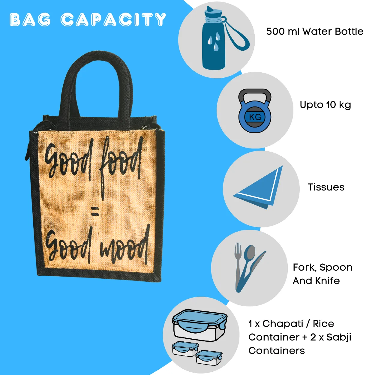 Printed Jute Lunch Bag Good Food - Black Gusset Regular