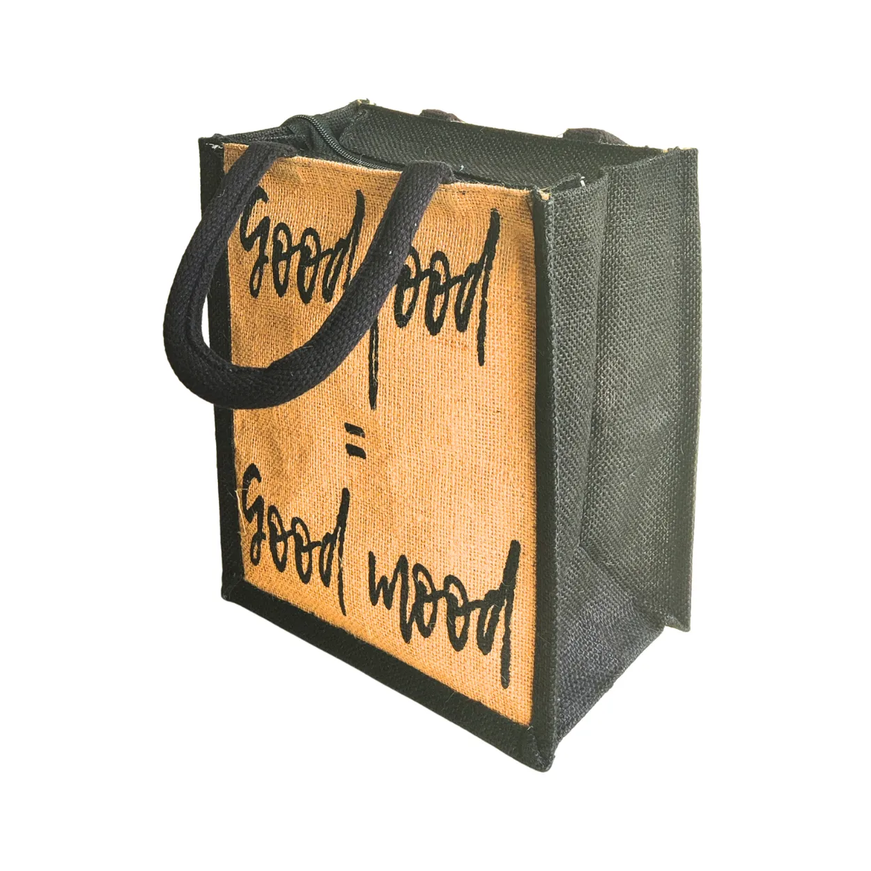 Printed Jute Lunch Bag Good Food - Black Gusset Regular